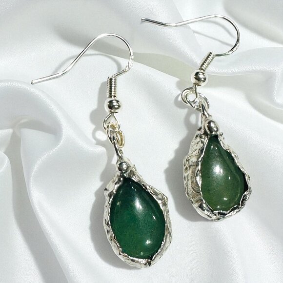 Green Aventurine Teardrop Earrings With Artisan Silver Blend  Bezels & 925 Hooks - Picture 3 of 16
